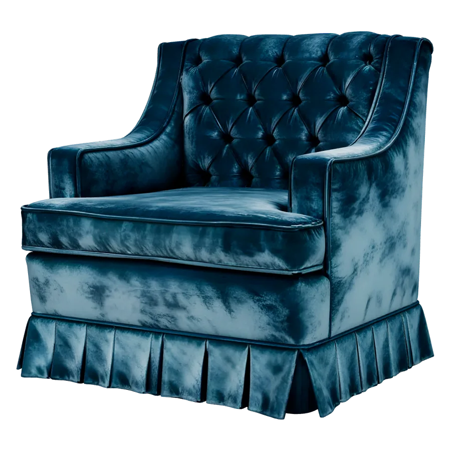 Sillón capitonado retapizado por Velvet en terciopelo azul petróleo