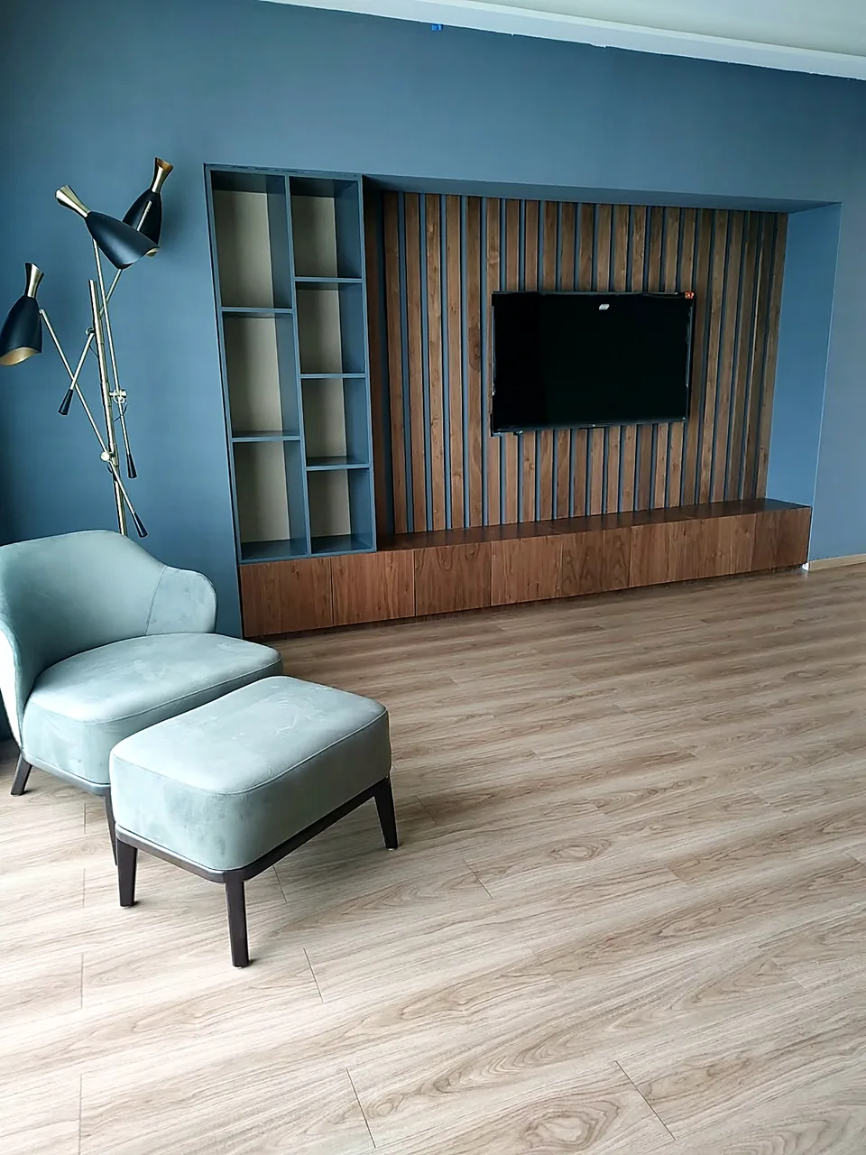 Sala con muro azul, mueble de TV a medida, sillón y otomana tapizados